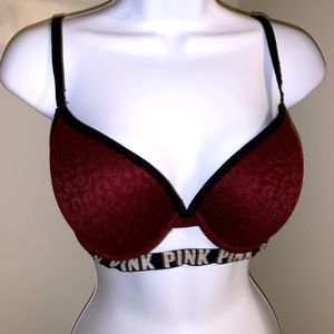 PINK Victoria’s Secret Maroon Deep Wine Bra with Lace Cheetah Print Design